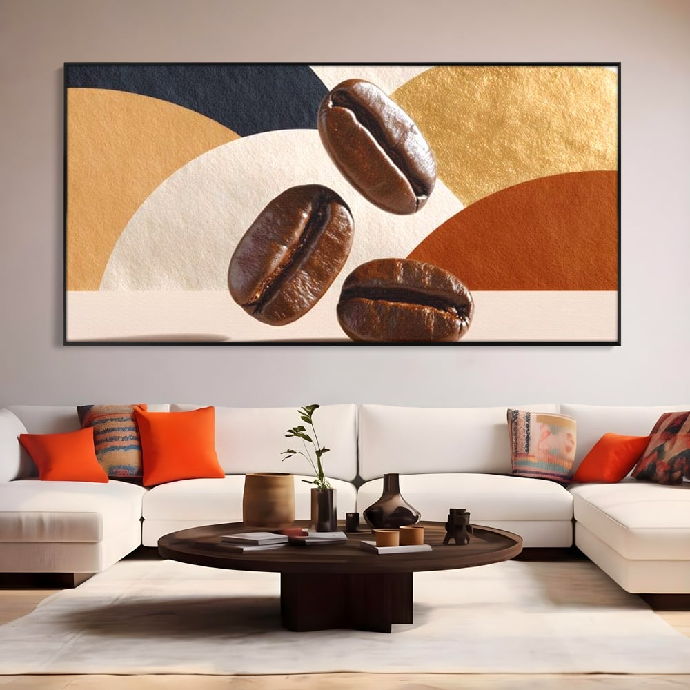 Tablou canvas cu tablou canvas cu boabe de cafea, in rama de aluminiu negru, pe perete intr-un living